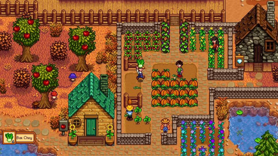 Stardew Valley screenshot showing a farm with pumpkins, apples corns and cherries during late afternoon